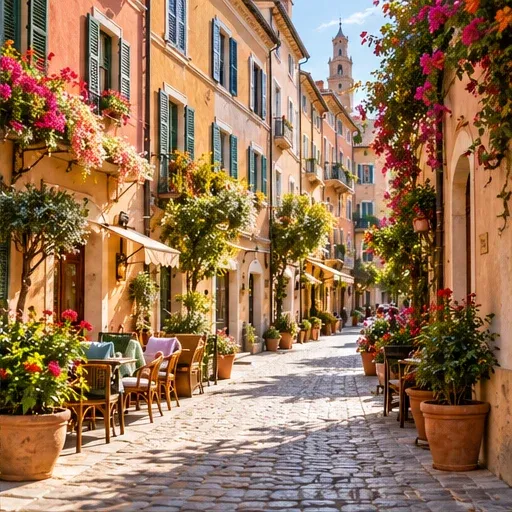 Escena ilustrativa de una calle europea con terrazas y flores