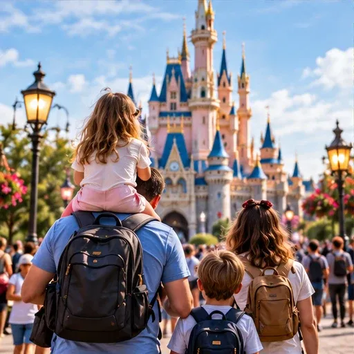 Escena ilustrativa de una familia ante un castillo de un parque temático